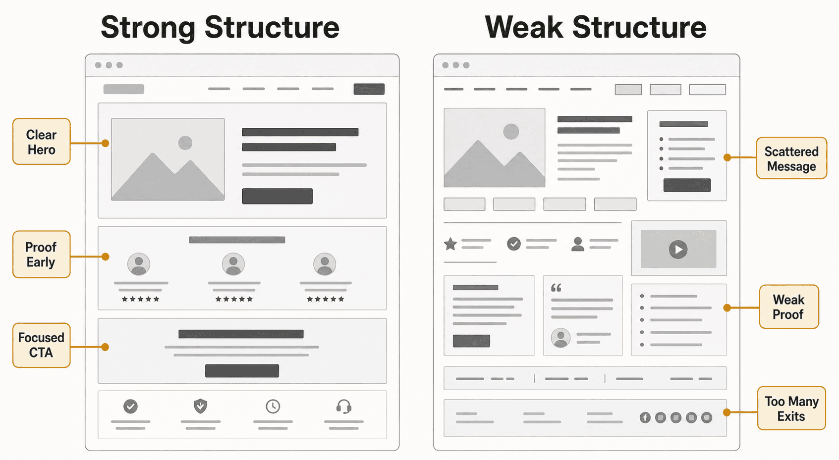 AI-generated side-by-side grayscale comparison showing a strong landing page structure and a weak landing page structure.