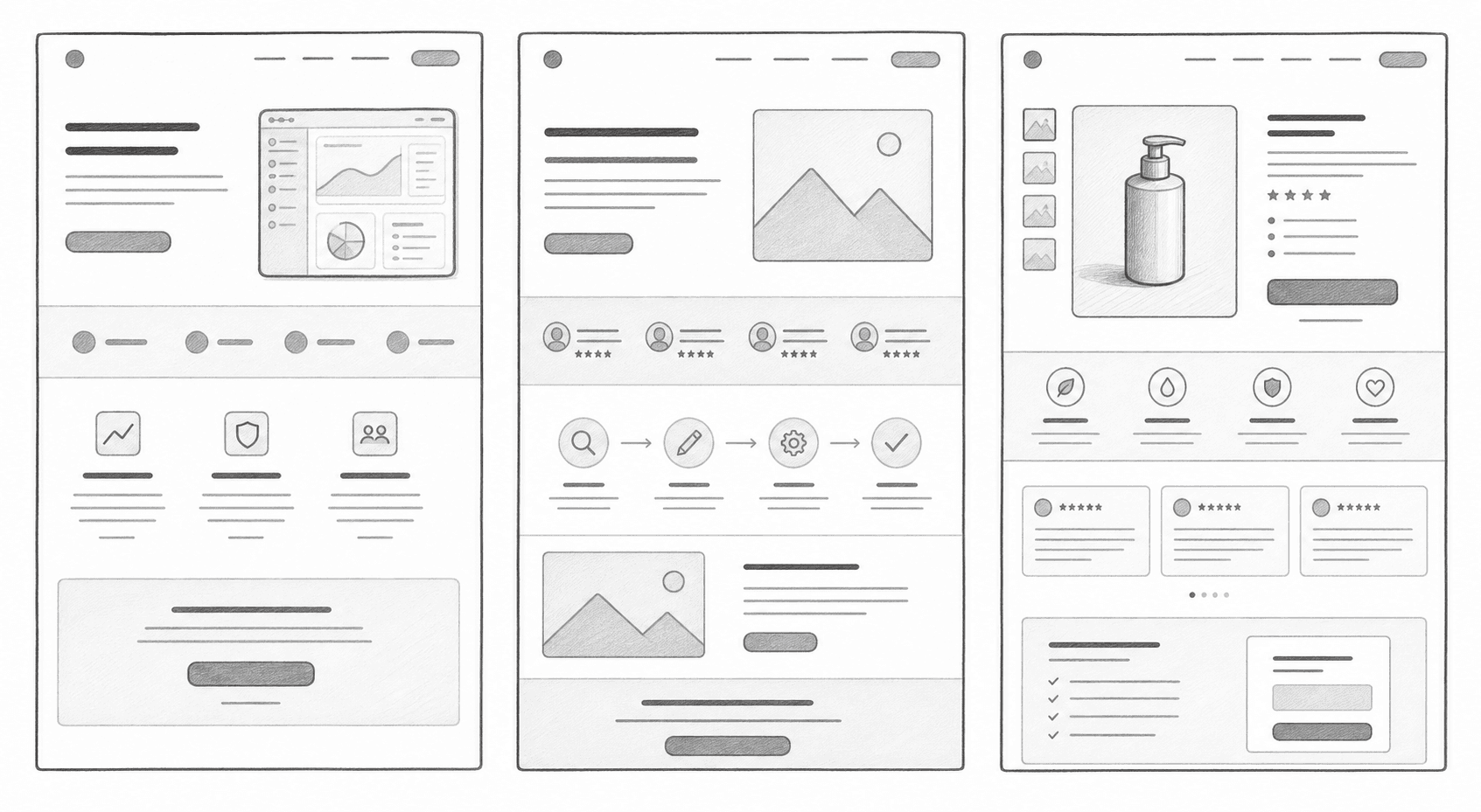 AI-generated grayscale wireframe sketches showing three landing page example layouts: SaaS trial, service business, and ecommerce product.