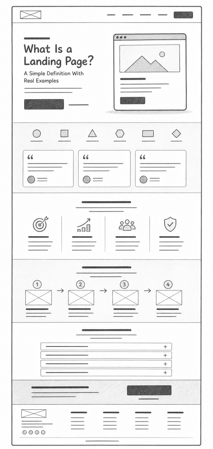 AI-generated grayscale sketch showing a landing page structure with hero, proof, benefits, process, FAQ, and CTA sections.