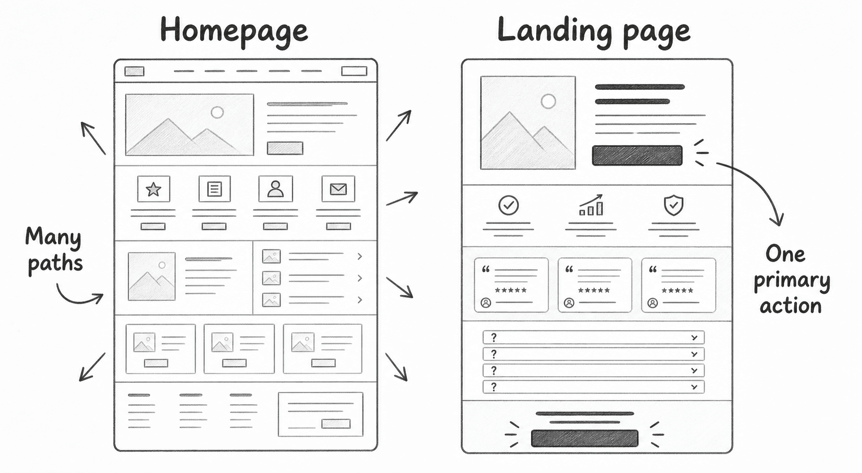AI-generated grayscale comparison sketch labeled Homepage and Landing page, showing many paths on the homepage and one primary action on the landing page.