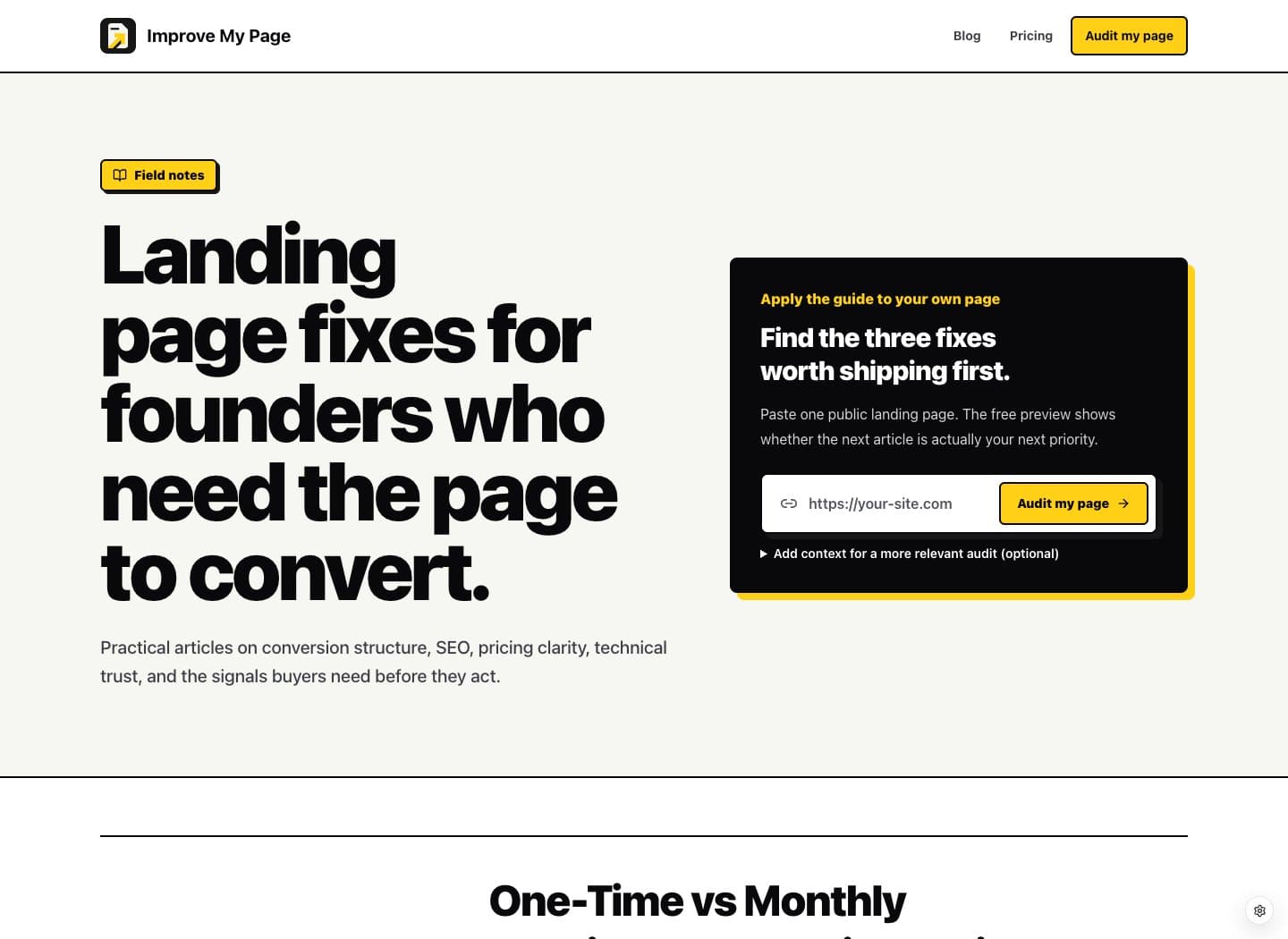 Improve My Page blog index with a large editorial headline and an audit form above the beginning of the latest guide.