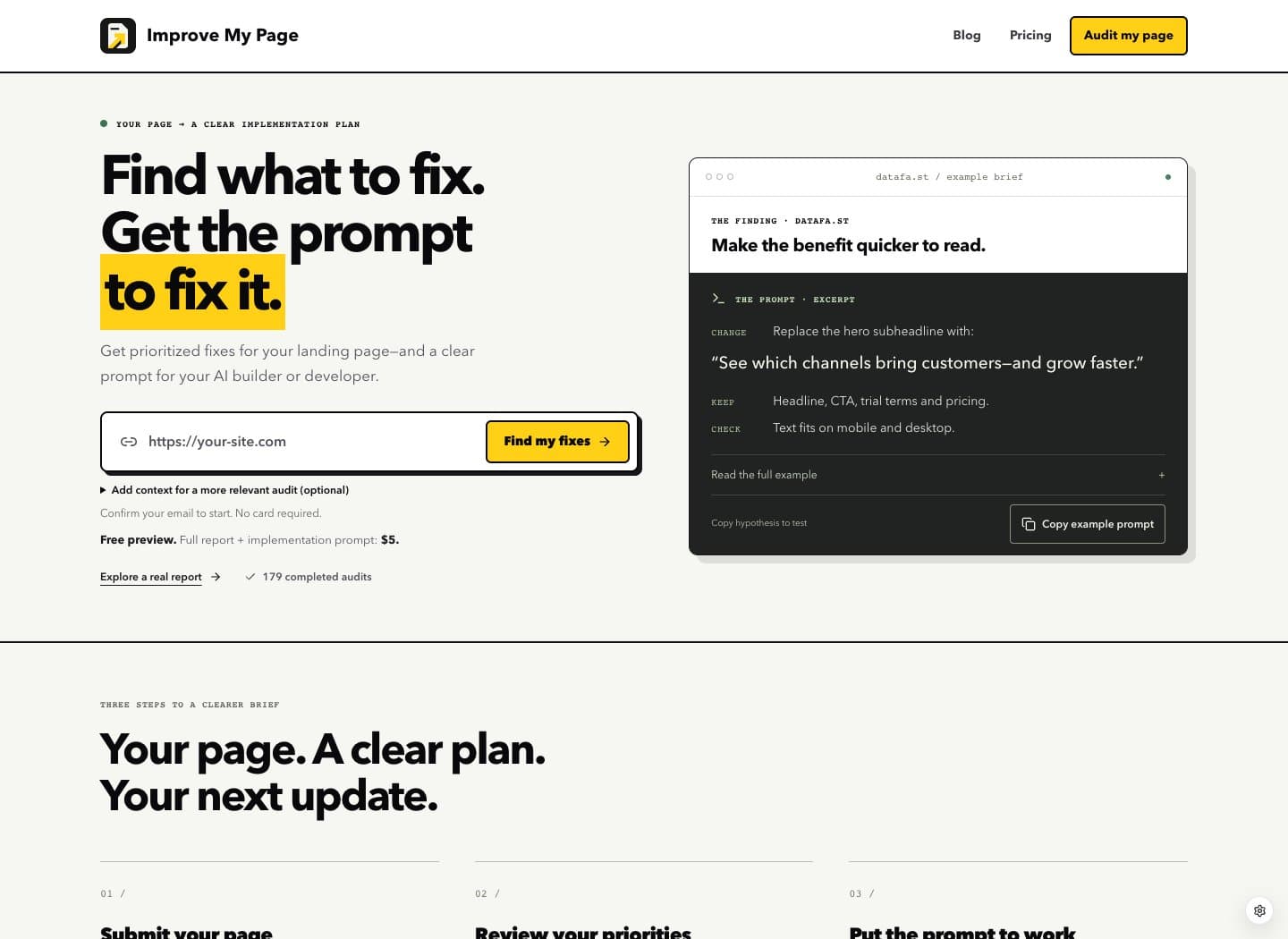 Improve My Page homepage showing the URL form, email confirmation note, free preview and paid-report disclosure, and an example implementation prompt.